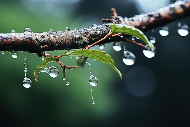 gros plan des gouttelettes d'eau sur la vieille branche d'arbre en pleuvant sur la forêt