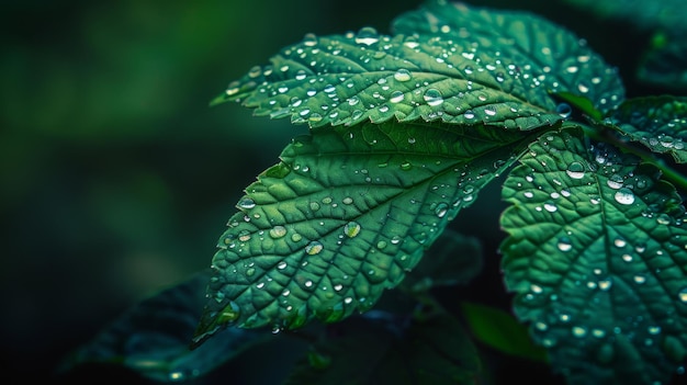 Un gros plan des gouttes de pluie sur un détail de la nature des feuilles