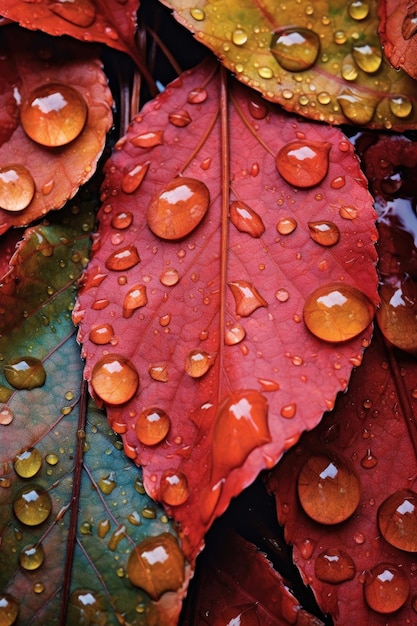 Gros plan de gouttes de pluie sur des feuilles d'automne vibrantes créées avec une IA générative