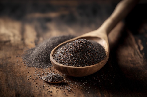 Gros plan de graines de chia saines dans une cuillère en bois sur une table horizontale