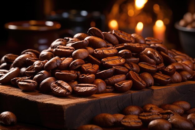 Gros plan sur les grains de café sur la table sous un espace de lumière douce et chaude pour le texte