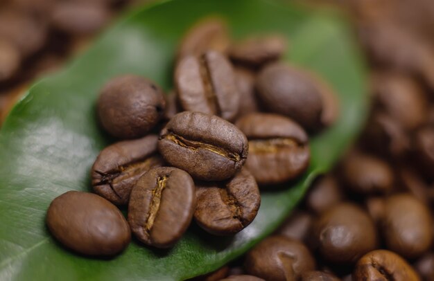 Gros plan de grains de café torréfiés. Boisson