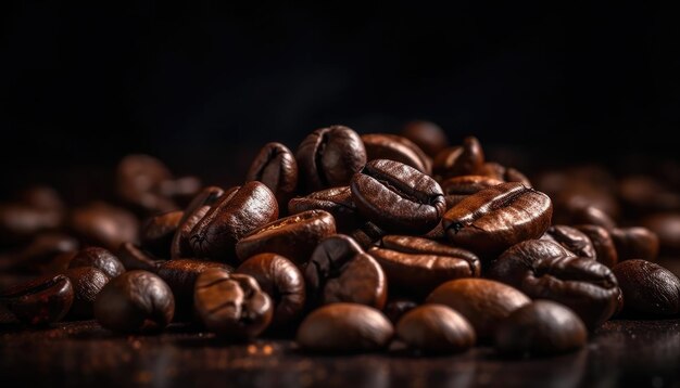 Gros plan de grains de café torréfiés sur fond sombre défocalisé et flou AI générative