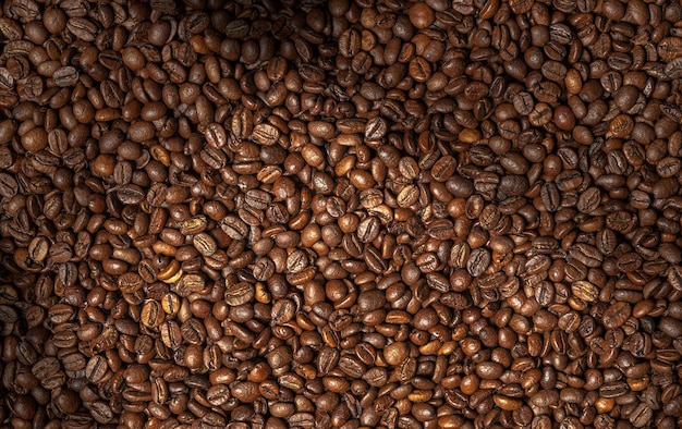 Gros plan avec des grains de café torréfiés naturels et un éclairage tamisé.