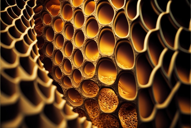 Gros plan d'un grand groupe d'abeilles dans une ruche en nid d'abeille ai générative