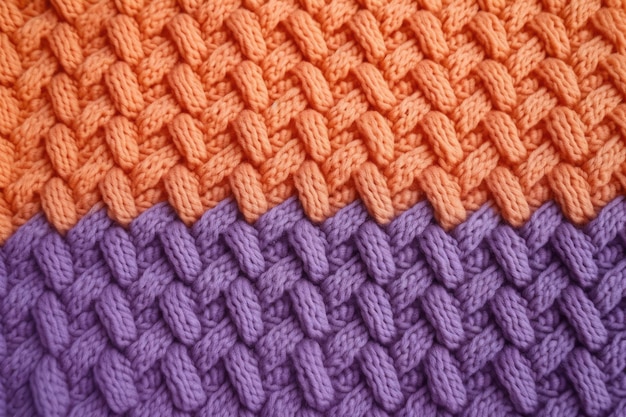 Gros plan d'une grande couverture tricotée à motifs sur un tissu orange et lilas