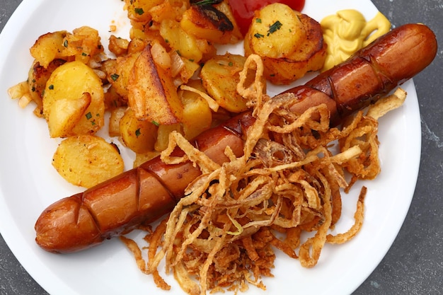 Gros plan d'une grande saucisse grillée avec pomme de terre rôtie maison, rondelles d'oignon frites, ketchup et moutarde sur plaque blanche, vue de dessus surélevée, directement au-dessus