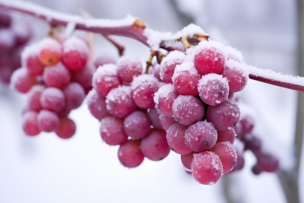 Un gros plan d'un grappin de raisin gelé un jour de neige