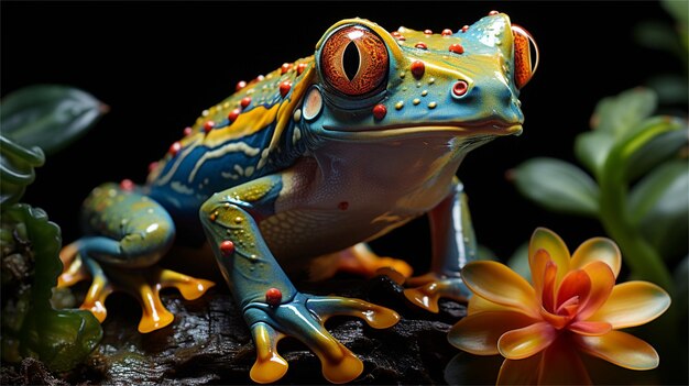 Gros plan d'une grenouille bleue sur une feuille verte avec des fleurs orange