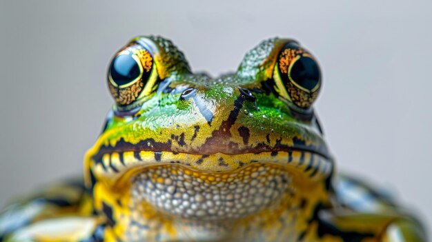 gros plan de la grenouille à fond blanc contrastant détails vivants lumière naturelle élégante et concentrée AI générative