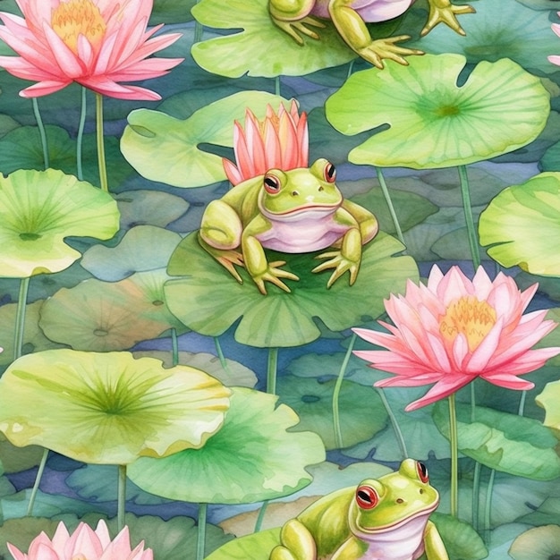 un gros plan d'une grenouille avec un mohawk sur sa tête assise sur un lily generative ai