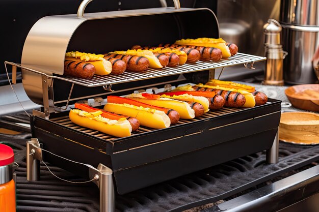 Gros plan d'un gril portable avec des hot-dogs et des hamburgers grésillants créés avec une IA générative