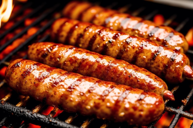 Un gros plan d'un grill avec des saucisses dessus