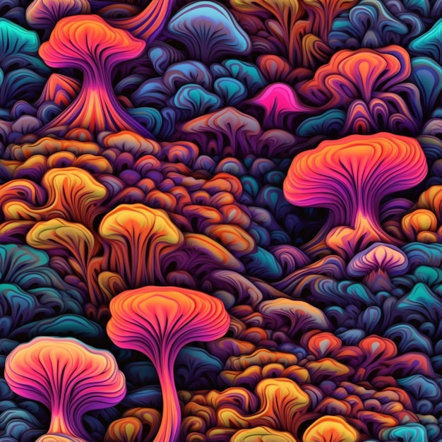 un gros plan d'un groupe de champignons colorés sur un champ génératif ai