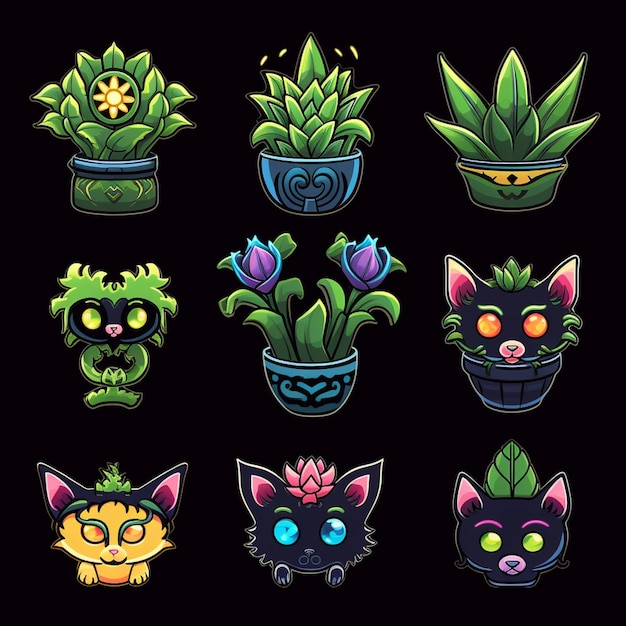 un gros plan d'un groupe de chats et de plantes de dessins animés ai génératif