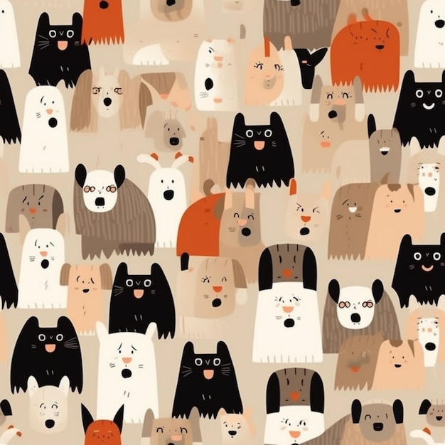 Un gros plan d'un groupe de chiens et de chats sur un fond beige ai génératif
