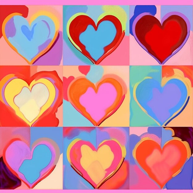 un gros plan d'un groupe de cœurs sur un fond coloré génératif ai