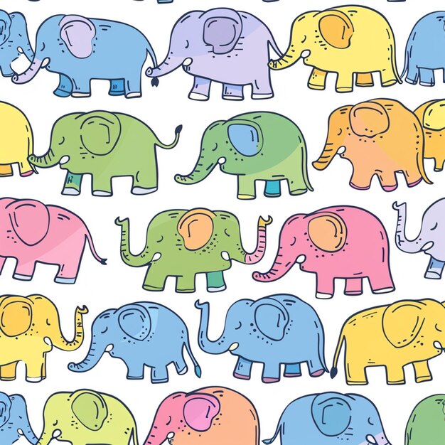 un gros plan d'un groupe d'éléphants avec des couleurs différentes