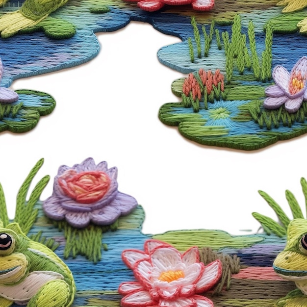 un gros plan d'un groupe de grenouilles sur un étang avec des fleurs. IA générative.
