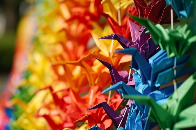 un gros plan d'un groupe de grues d'origami