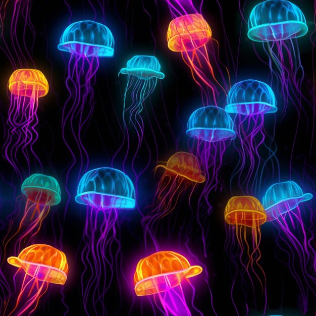 un gros plan d'un groupe de méduses dans une pièce sombre ai générative