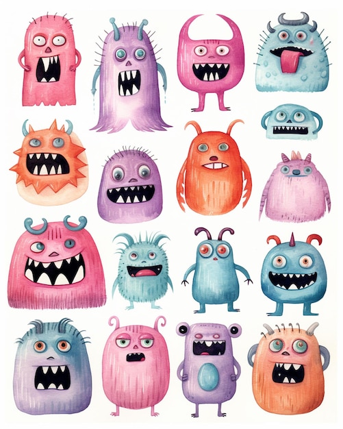 Photo un gros plan d'un groupe de monstres de dessins animés avec des visages différents