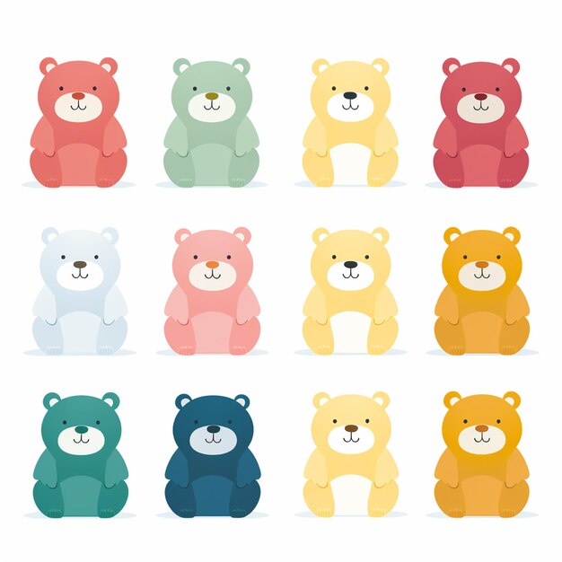 un gros plan d'un groupe d'ours en peluche de différentes couleurs