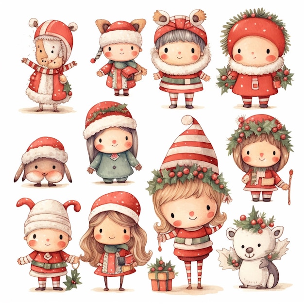 Un gros plan d'un groupe de personnages de dessins animés portant des chapeaux de Noël ai générative
