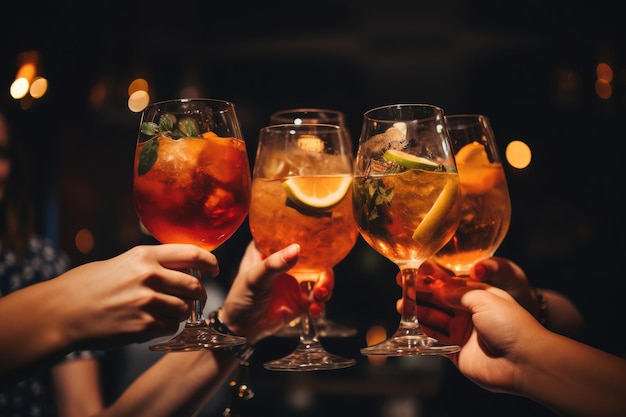 Gros plan d'un groupe de personnes trinquant avec des cocktails Gros plan d'un groupe de personnes trinquant avec des cocktails dans un pub AI généré