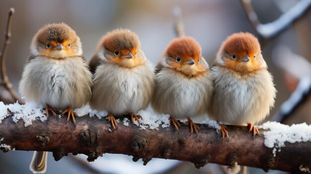 Gros plan d'un groupe de quatre moineaux sur une branche d'arbre en hiver