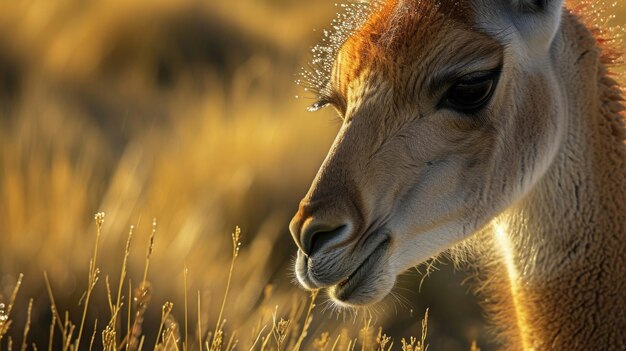 Un gros plan d'un guanacos nez velouté humide de la rosée du matin comme il renifle le gr pour le plus frais