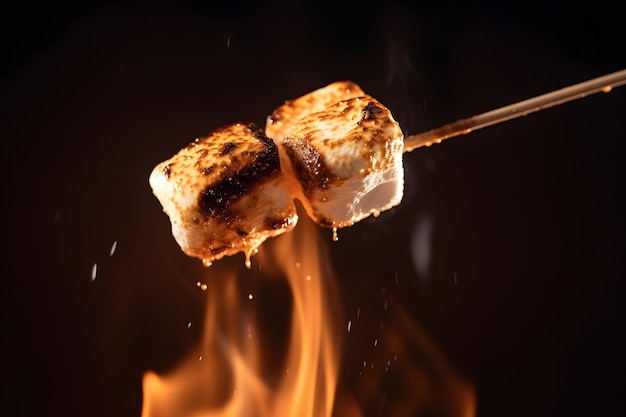 Un gros plan d'une guimauve parfaitement grillée sur une brochette