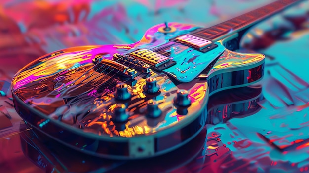 Photo un gros plan d'une guitare électrique avec une finition brillante de couleur arc-en-ciel