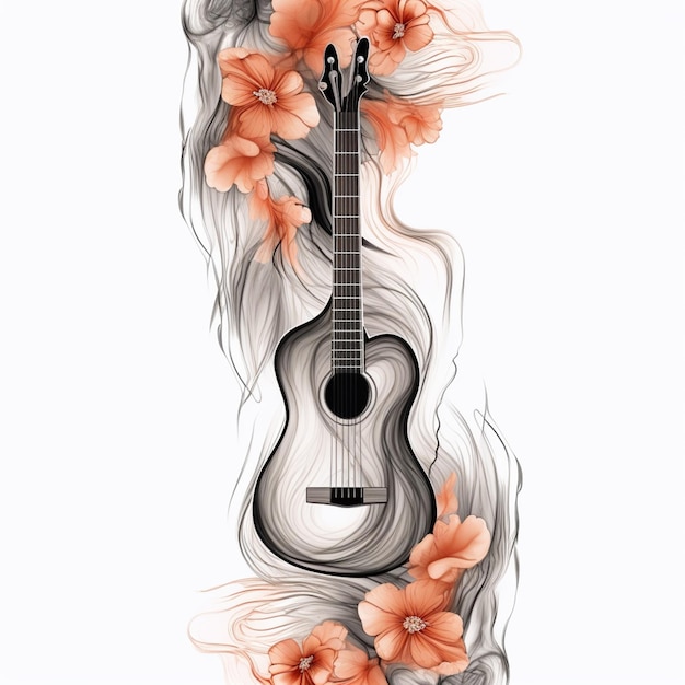 Un gros plan d'une guitare avec des fleurs dessus ai générative