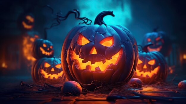 Gros plan de Halloween Jack O Lantern sur fond sombre
