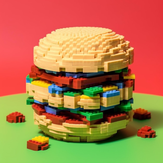 Un Gros Plan D'un Hamburger Lego Avec Beaucoup De Pièces Lego Générative Ai