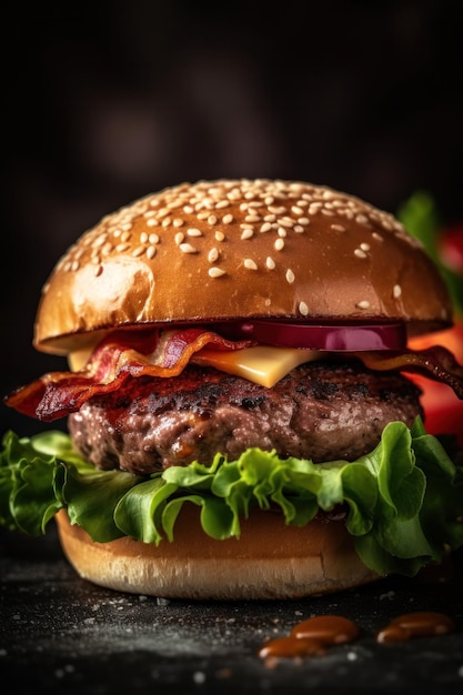 Gros plan de hamburger savoureux Illustration AI GenerativexA