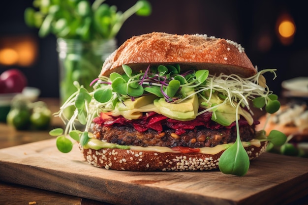 Gros plan d'un hamburger végétarien avec des micro-pousses sur une planche à découper Generative AI