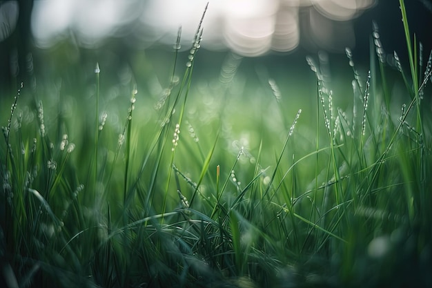 Un gros plan d'herbe avec des gouttelettes d'eau dessus IA générative