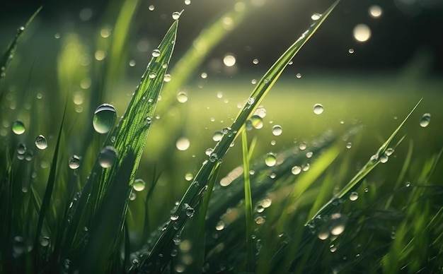 Un gros plan d'herbe avec des gouttes de rosée dessus