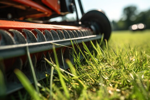 Gros plan de l'herbe des lames de tondeuse à gazon