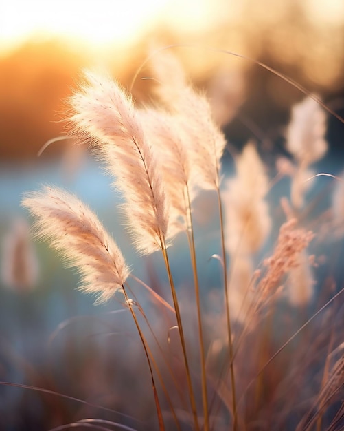 Un gros plan d'une herbe de la pampa avec le soleil derrière elle