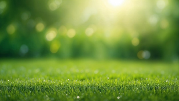 En gros plan, l'herbe verte floue et le fond de la lumière du soleil