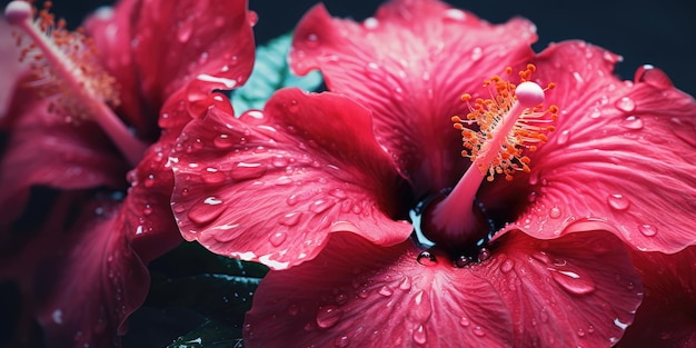 gros plan hibiscus avec gouttes d'eau fond d'écran fond de fleur tropicale créé avec des outils d'IA génératifs