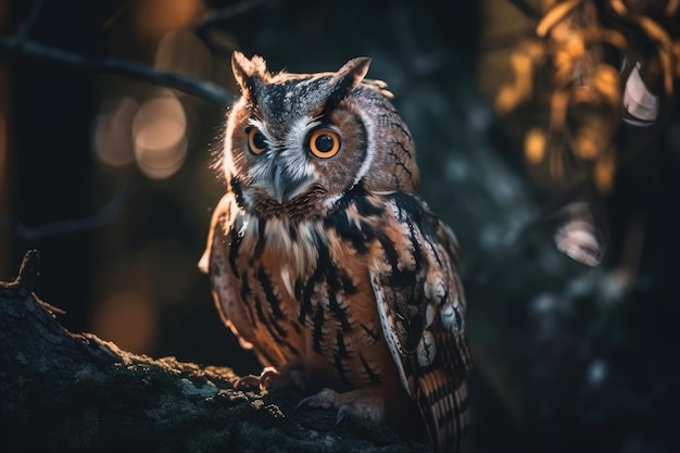 Un gros plan d'un hibou assis sur une branche d'arbre Generative AI