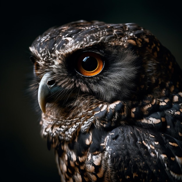 Un gros plan d'un hibou avec un fond noir et un fond noir.