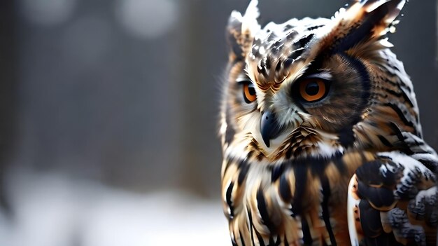 un gros plan d'un hibou avec des yeux orange et des yeux bruns