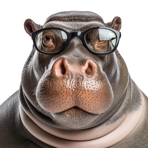 Gros plan d'hippopotame avec des lunettes de soleil sur fond blanc