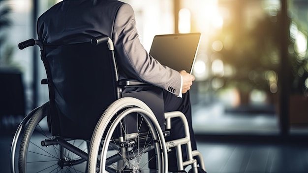 Gros plan d'un homme d'affaires assis en fauteuil roulant et travaillant sur le concept d'affaires et de personnes handicapées