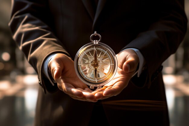 gros plan d'un homme d'affaires tenant une horloge concept de gestion du temps fond de style bokeh